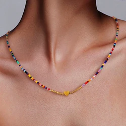 Bohemian Handmade Colorful Beads Chain Fashion Necklaces Gold Color Heart Pendant Jewelry For Women Accessories X0181