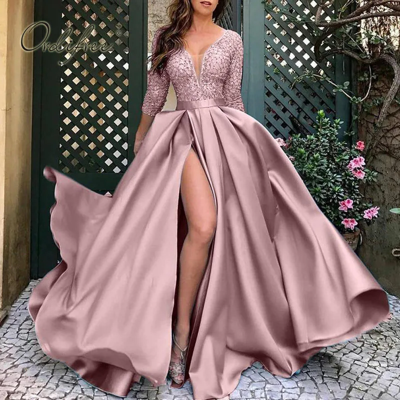 

Evening Dress 2023 Length Long Party Dress Elegant Lady Lace Sequin Split Satin Sexy Maxi Evening Dress S-5XL