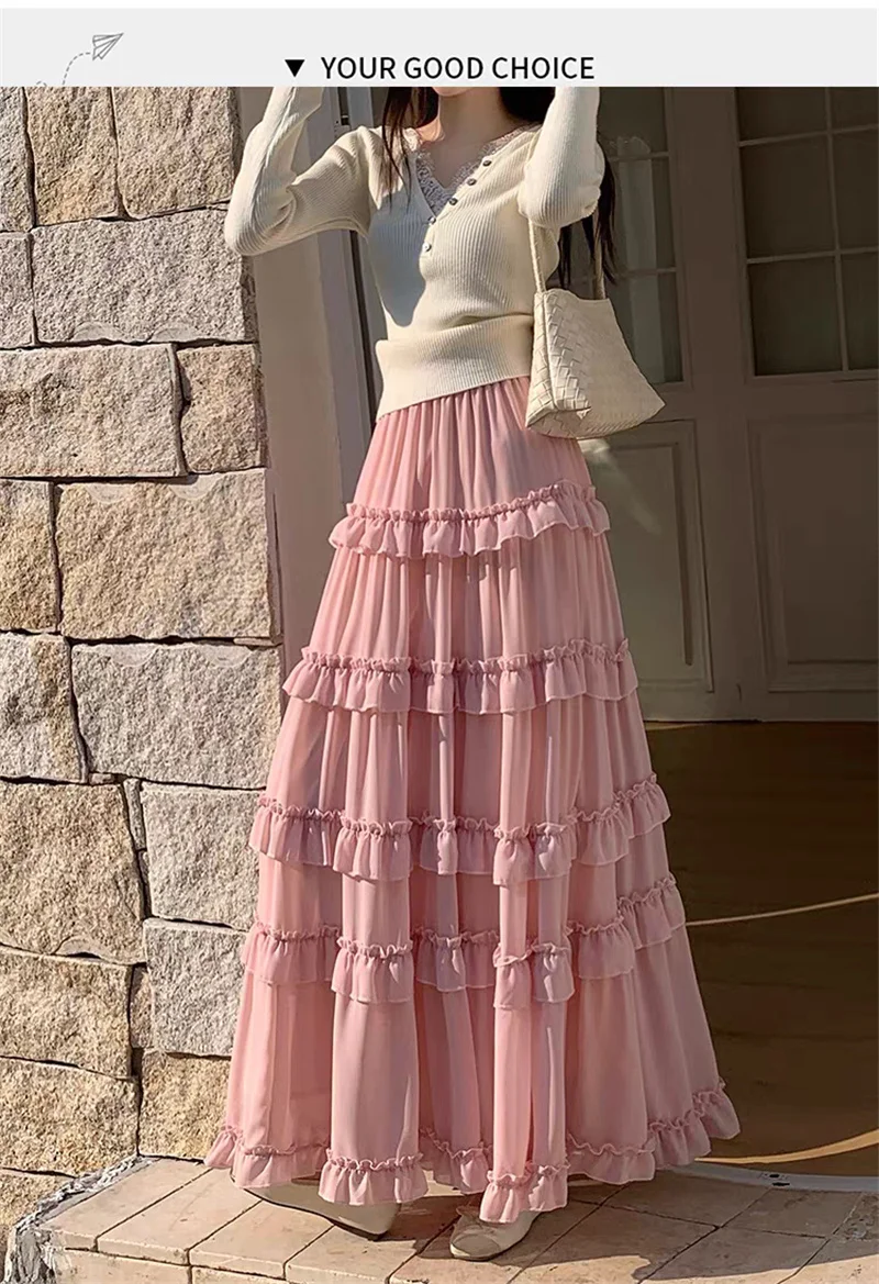 Saia Longa Maxi Feminina Plus Size 5XL, Moda com Cintura Alta, Elegante, com Babados e Barra Fluida, para Festa e Streetwear