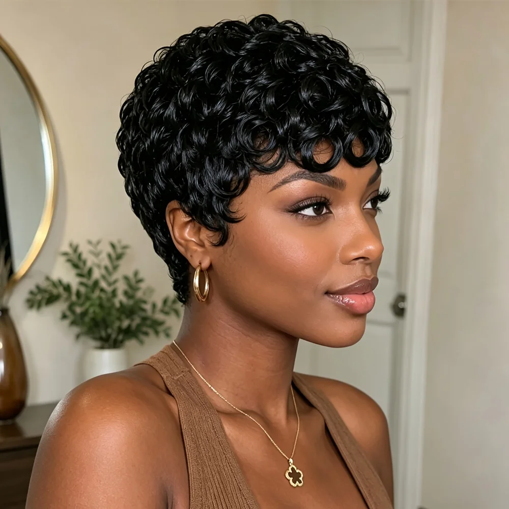 Human Hair Pixie Cut Wig for Women Short Layered Pixie Wig Curly Wavy Wig Machine Made Brazilian Human Hair Wigs with Bangs