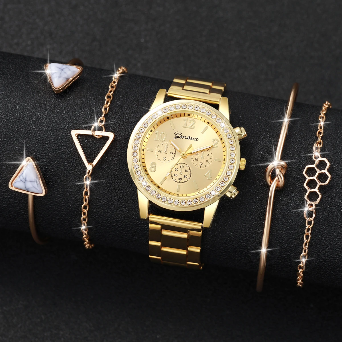 5Pcs/Set Fashion Women's Watch with Diamond Inlaid Dial Luxury Stainless Steel Quartz Watch Set with Triangular Bracelet