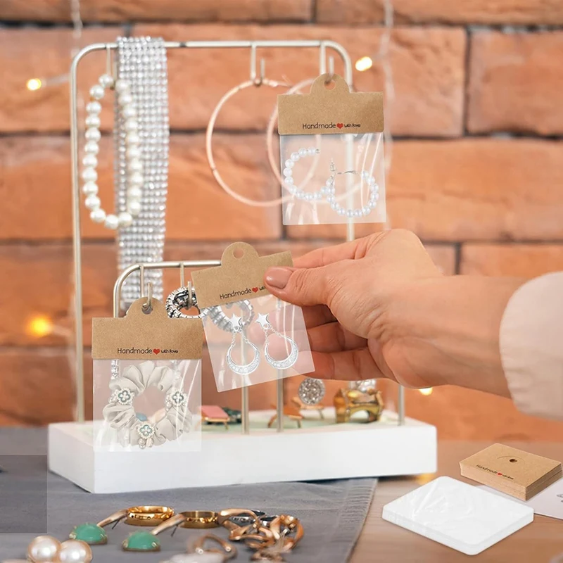 100Pcs Earring Display Cards With Bags, Kraft Necklace Jewelry Holder Cardboard, Jewelry Card With100 Self Sealing Bags