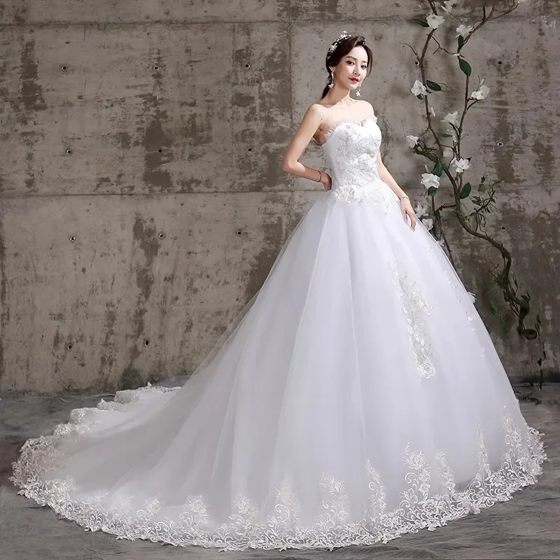 Cheap Wedding Dresses White Embroidery Tulle Ruffles Strapless Princess Trailing Lace up Plus size Simple Bride Ball Gowns XN021