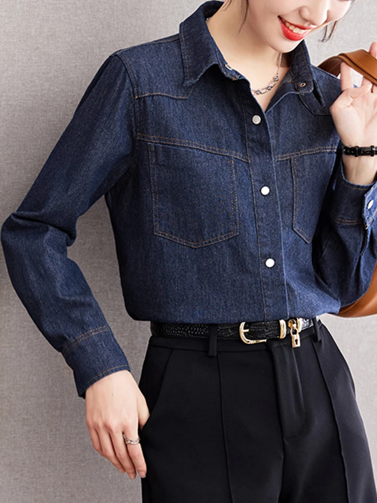 Women\'s Vintage Denim Shirt Loose-fit Niche Design Denim Jacket Autumn New Casual Long Sleeve Shirt Tops