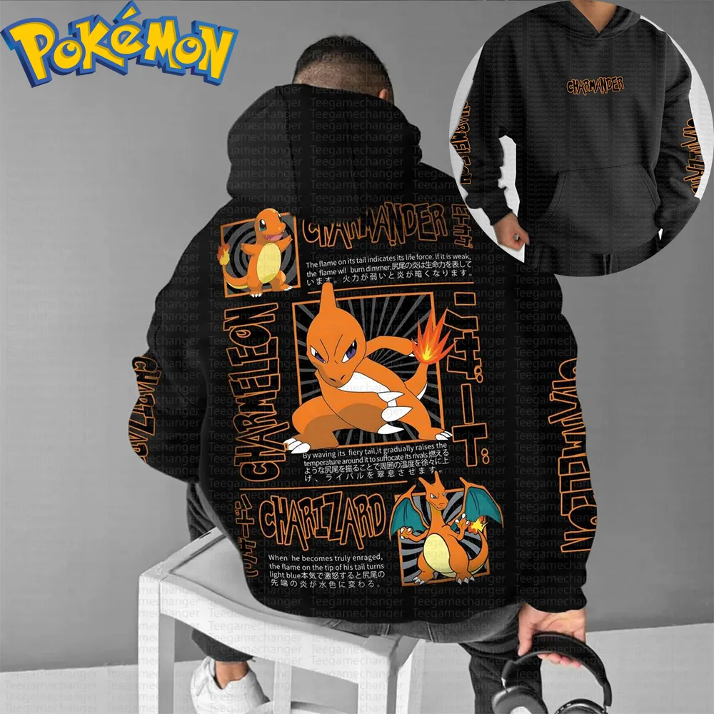 Pokemon Anime Charmander Charmeleon Charizard Sudadera con capucha de algodón pantalones Harajuku conjunto naranja negro llama evolución patrón dos piezas