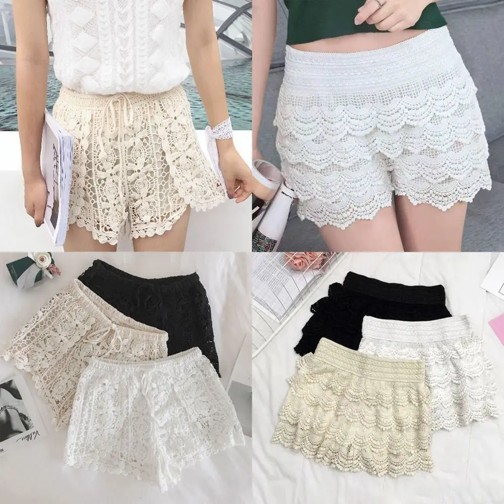 Fashion Polyester Lace Safety Pants Hollow Out Lace-up Crochet Shorts Lace Bohemian Style Hollow Out Shorts Women