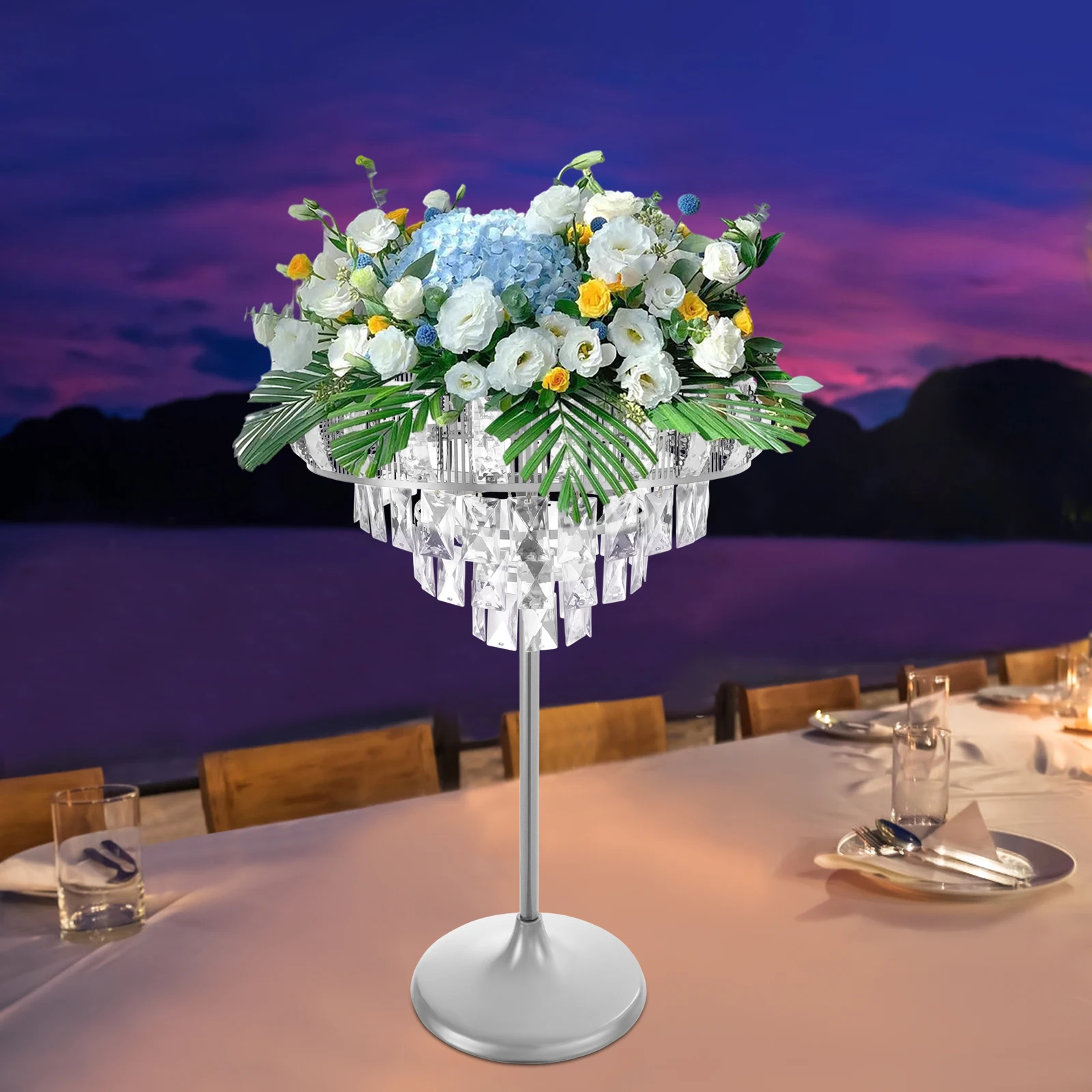 Adornos de cortina de hielo de hierro plateado, 42x60cm, cascada D, colgante de cristal, soporte de flores para exhibición de boda