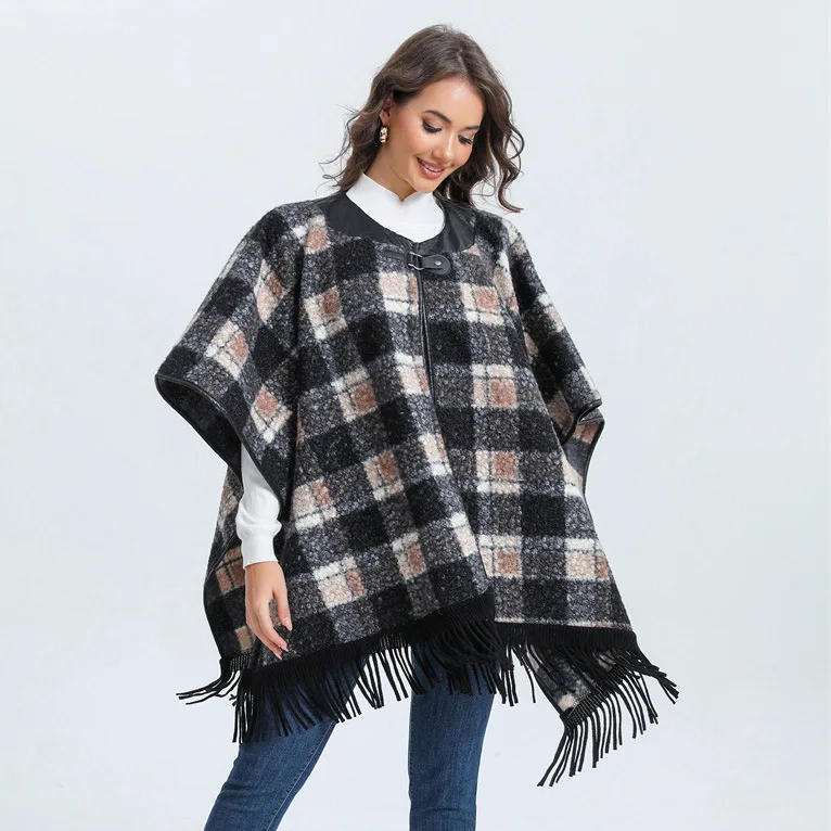 

Faux Lamb Cashmere Horn Buckle Plaid Poncho Cape Winter Women Long Thick Cardigan Overcoat Leather Neck Loose Tassel Shawl Cloak