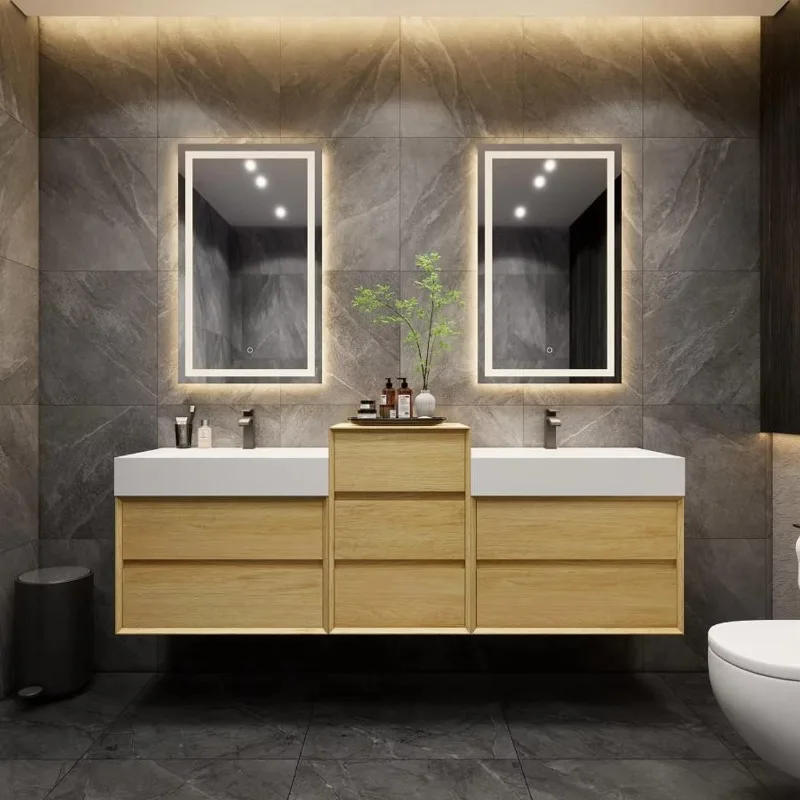 

Modern double sink wall-mounted floating mirror hotel commercial bathroom vanity set elegant