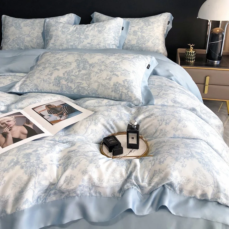 

Summer Ice Silk Four Piece Set Summer Light Luxury Summer Washed Bedding Set Bed Sheet Dormitory Three Piece Set Bedding
