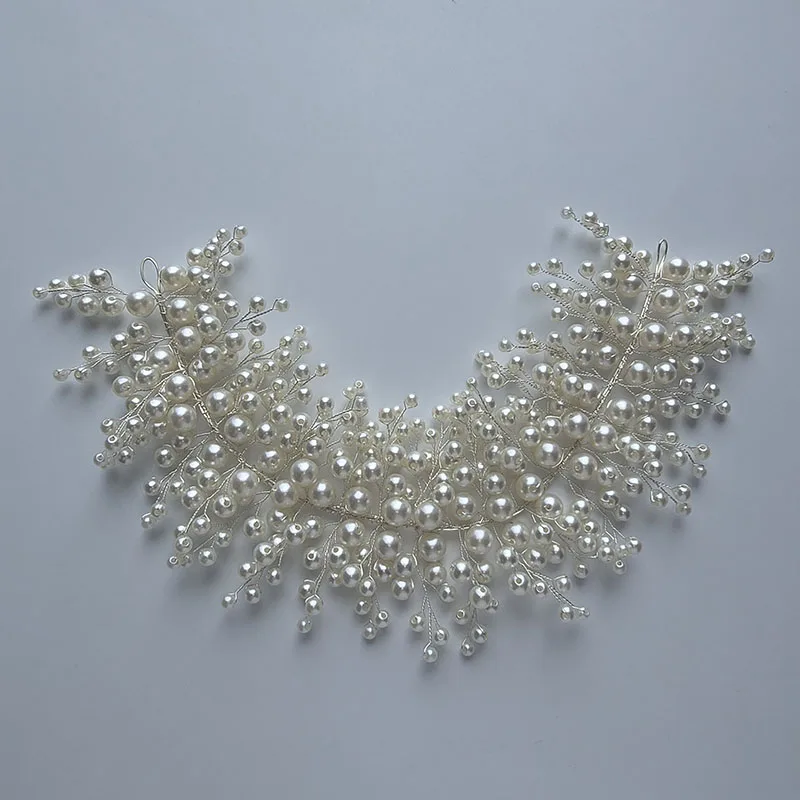 

SLBRIDAL Handmade Full Pearls Bridal Tiara Headband Wedding Bridesmaids Headpiece Hair Vine Trendy Women Girls Jewelry
