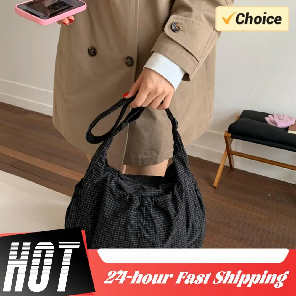 

Women Checkered Sling Bag Nylon Drawstring Crossbody Bag Pleated Shoulder Bag Shopping Date Retro Casual Women's Handbag