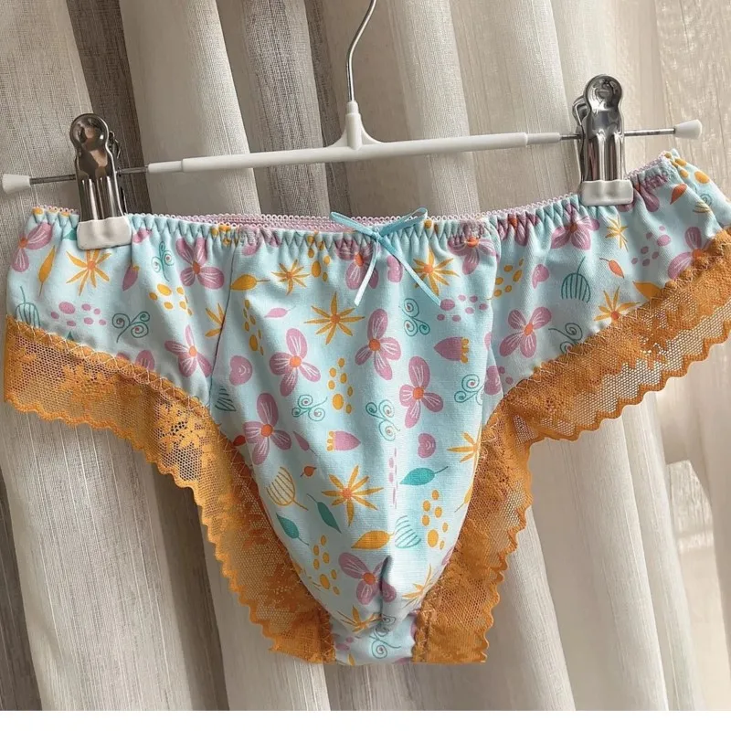 Man's Printed Pattern Lace Hem Briefs Handmade Cute Brief BF U Convex Pouch Panty Bigger Oversize 125kg Can Wear