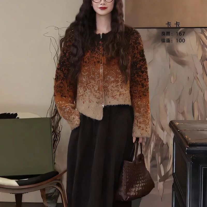 فتاة سترة مشغولة من الصوف امرأة الموضة التدرج طويلة الأكمام سترة ربيع الخريف الملابس الدوبامين معطف غير رسمي الفتاة هدية جديد #1