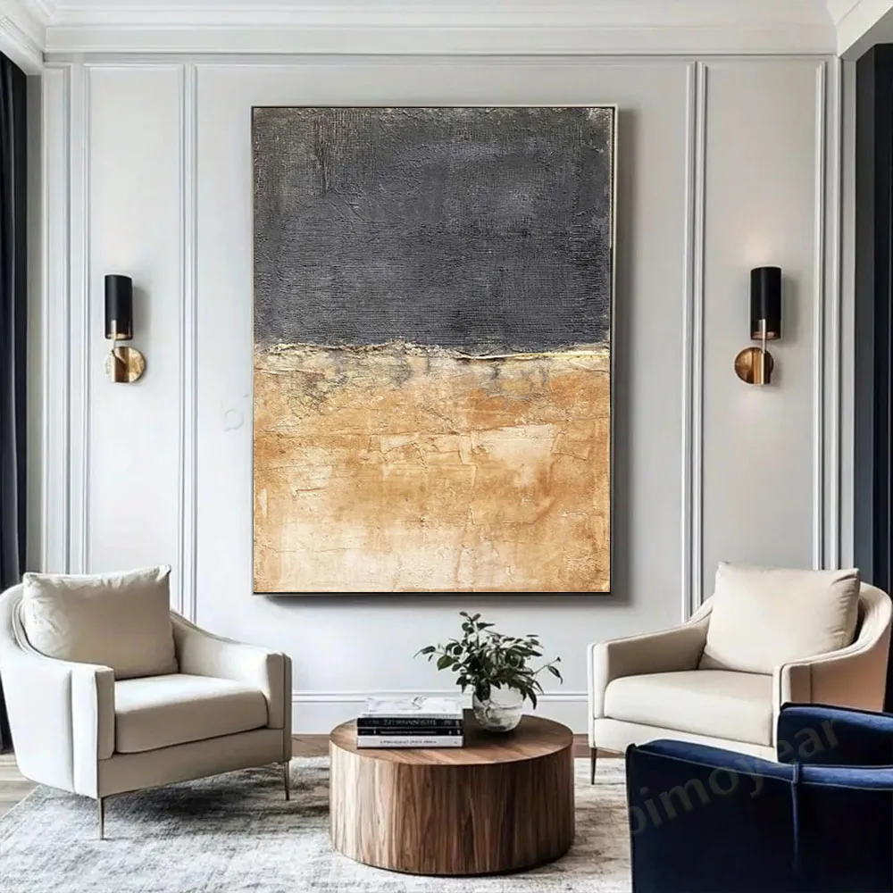 لوحة زيتية تجريدية مرسومة يدويًا بنسبة 100% باللونين الأسود والأصفر لوحة جدارية أصلية لتزيين غرفة المعيشة المنزلية طلاء جمال داخلي