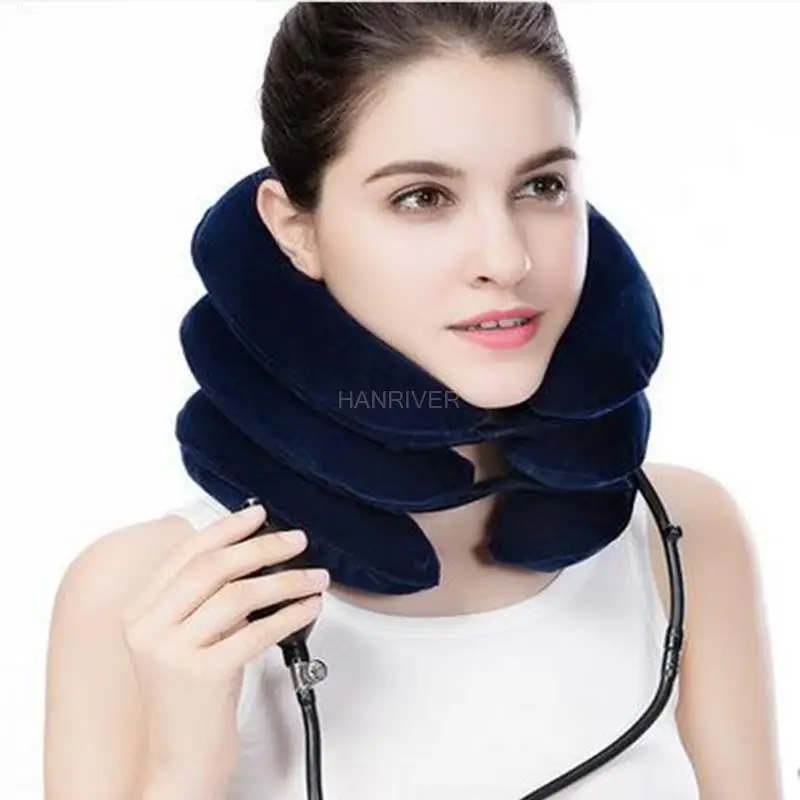 Inflatable cervical traction device for home use, designed to support and correct neck posture for patients.