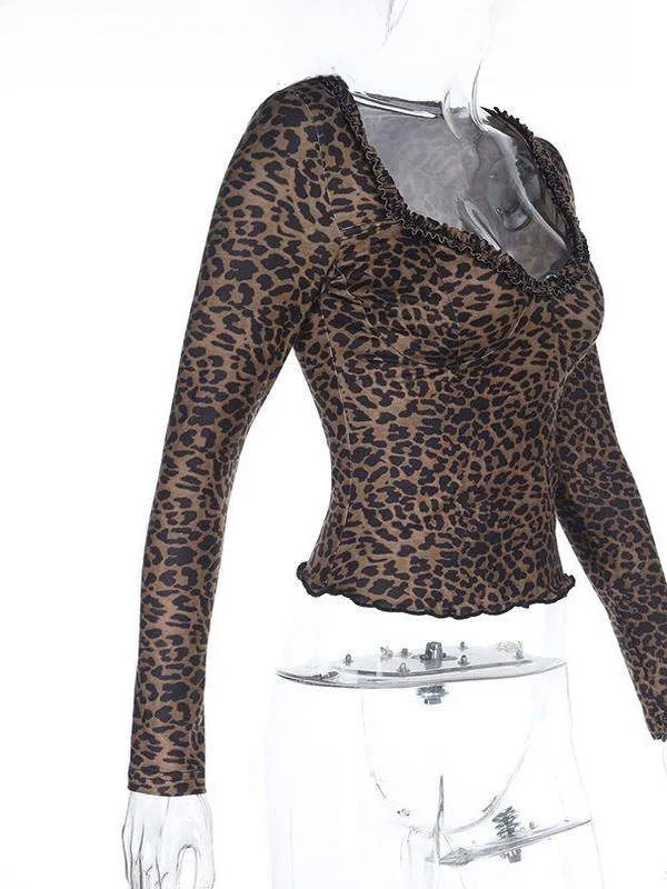 Trendy Women's ort Leopard Print Long Sve Top Hot Girl Faionable Casual Wear Slim Fit Sle Other 00% Material
