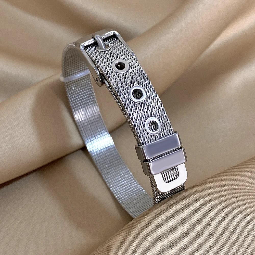 AENSOA Classic Belt Shape Stainless Steel Bracelets for Women Men Statement Gold Plated Metal Bangle Unisex Wristband Jewelry