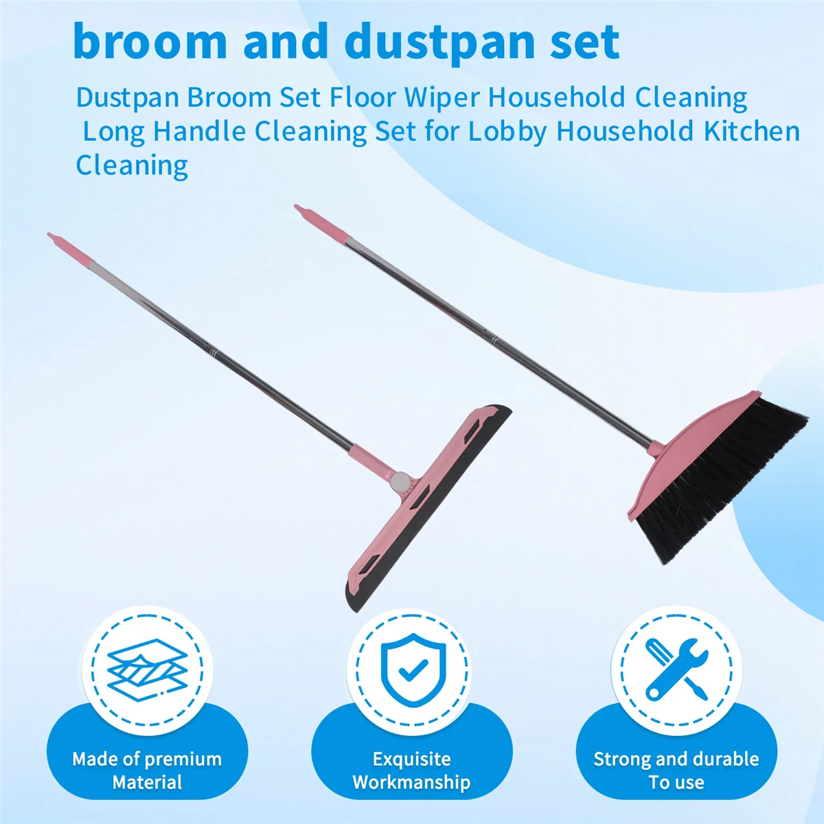 ABJS Dustpan Broom Set Floor Wiper Household Cleaning Long Handle Cleaning Set for Lobby Household Kitchen Cleaning Pink