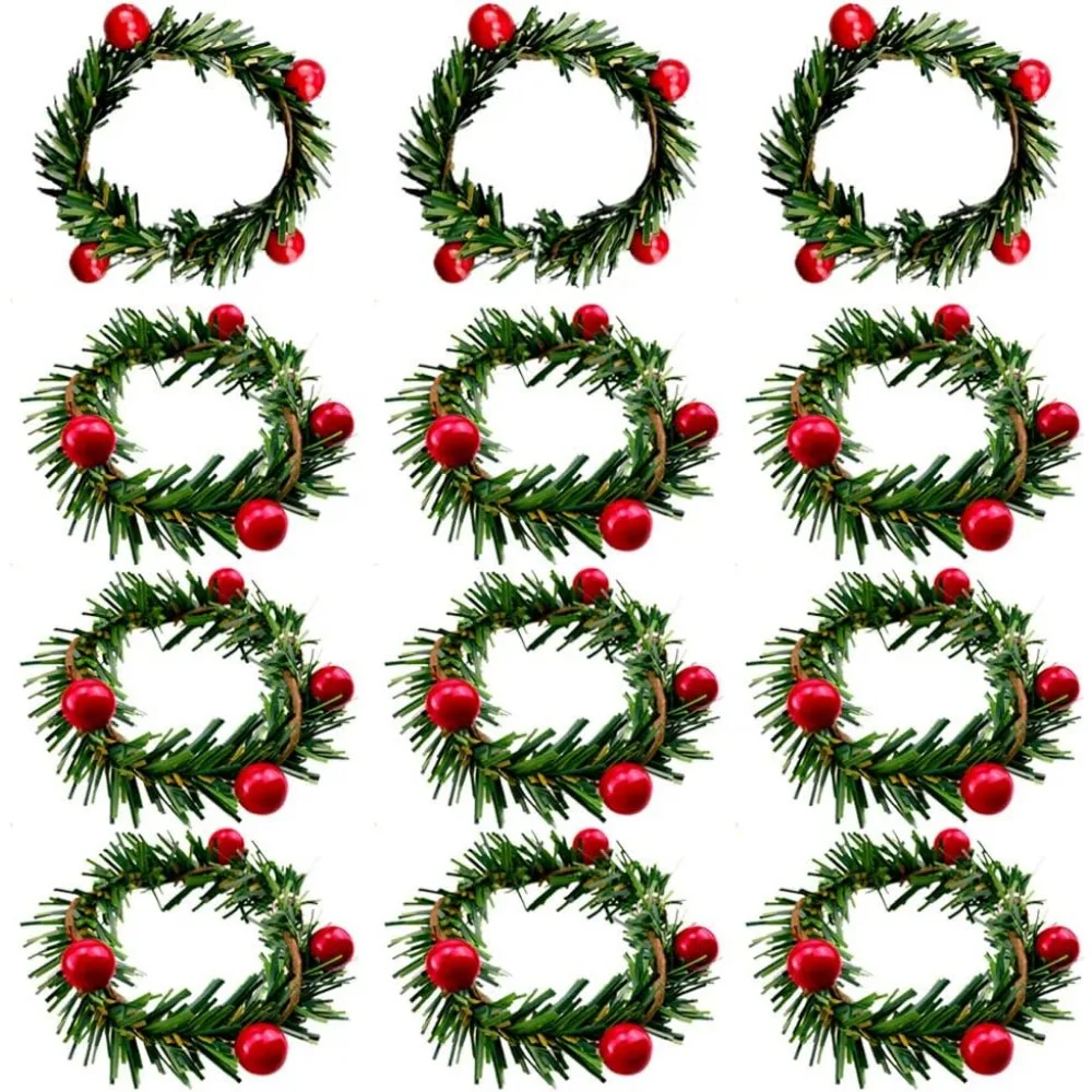 

Christmas Napkin Rings Christmas Napkin Holder Holly Berry Candle Wreath for Banquet Table Decorations Set of 12