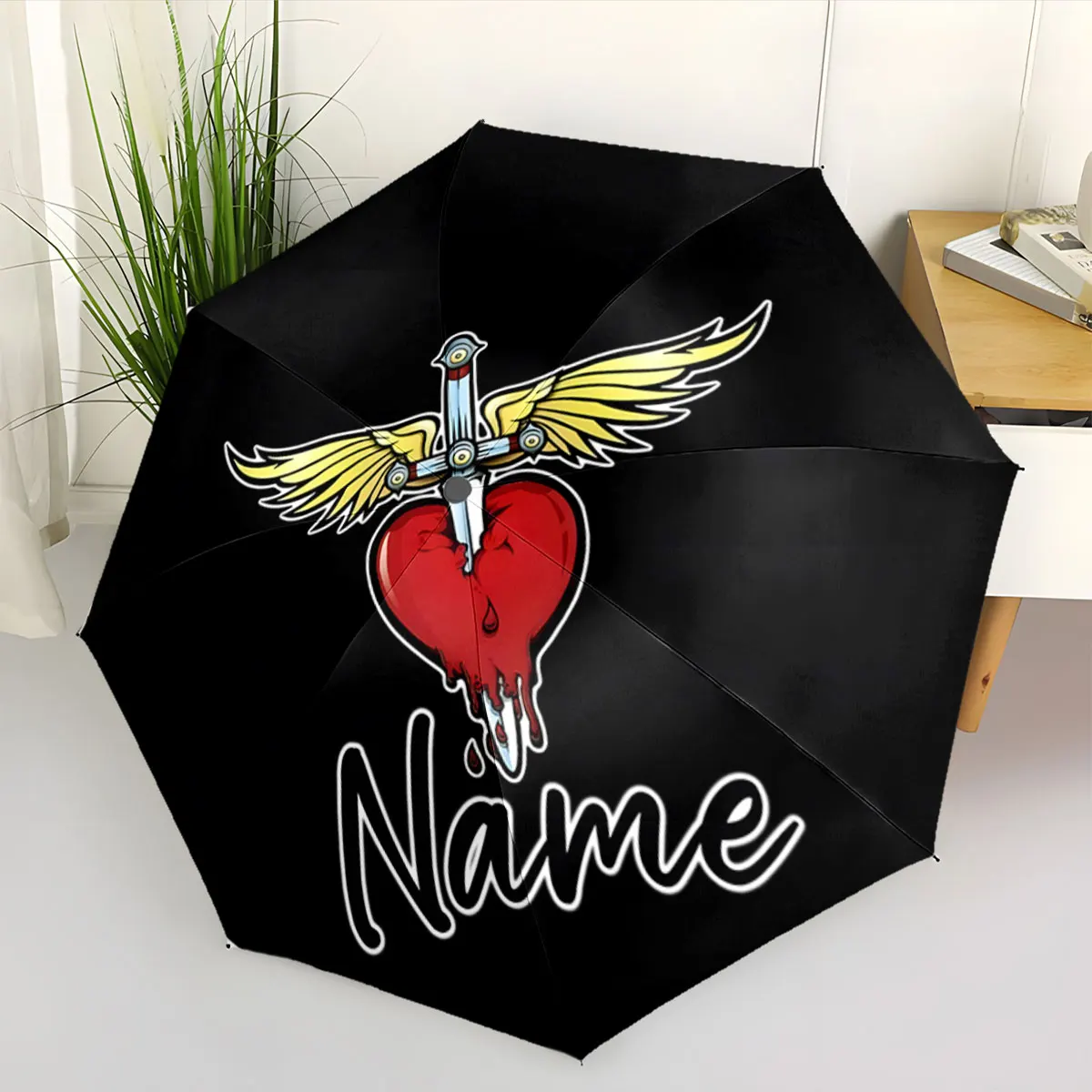 Custom Name Unique Black Umbrella with Heart and Wing Artwork Print 8 Iron Ribs Folding Umbrella Auto-Open Fashion Sunshade