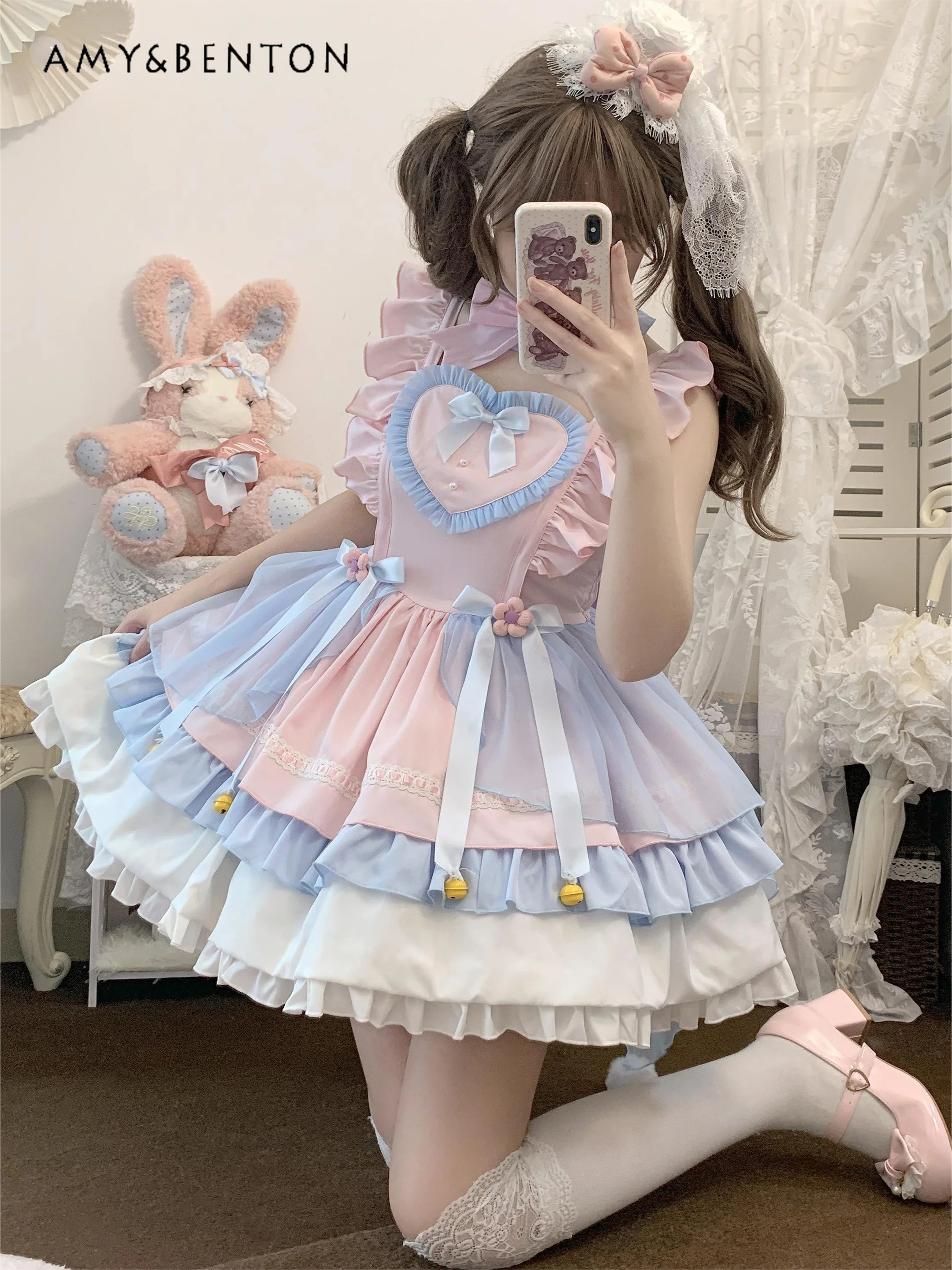 Daily Sweet Cute Cosplay Lolita JSK Dresses Kawaii Bow Ruffle Patchwork Slim Mini Mesh Ball Gown Dress Birthday Dress for Women