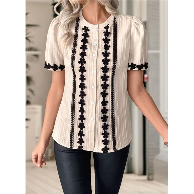 【SEE】女性ワークボタンブラウス長袖Vネックレースカジュアルボタンダウン秋トレンディシャツ