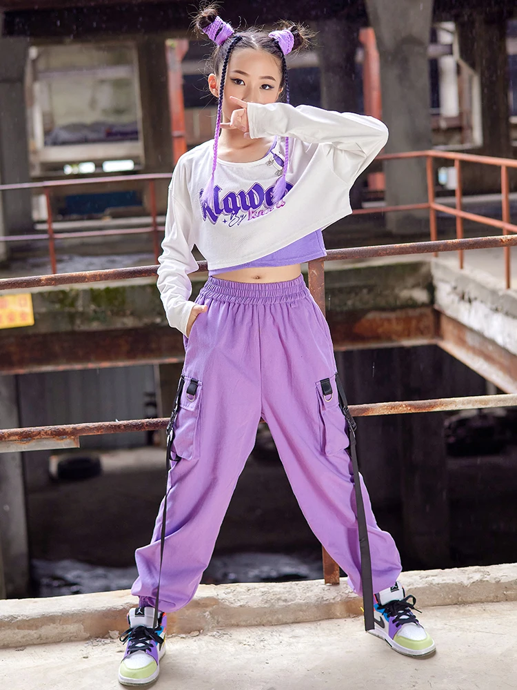 New Jazz Dance Costume Kids Hip Hop Clothes Girls White Crop Tops Purple Cargo Pants Long Sleeved K-pop Concert Show Wear BL9259