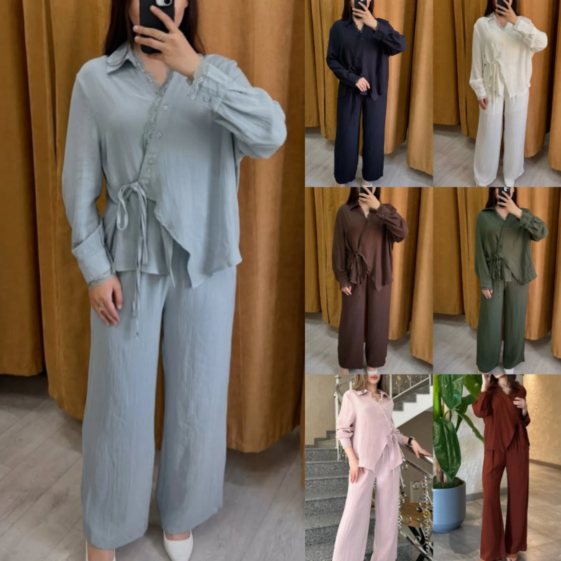 

Eid Women Blouse Lace-up 2 Piece Set Shirt Wide Leg Pant Muslim Blouse Jalabiya Ramadan Dubai Arab Long Robe Musulman Ensembles