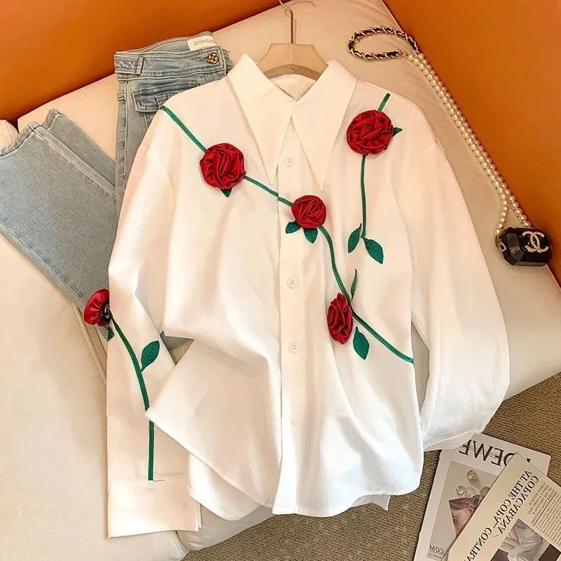 Fashionable High-End Rose White Shirt Women's Loose Thin 2026 Spring Autumn Stylish Top Quality Polyester Fiber Long Sleeve