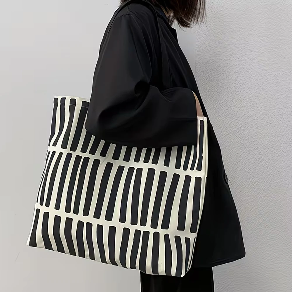Gestreifte Canvas-Umhängetasche mit großem Fassungsvermögen, leicht, mit mehreren Fächern, Reißverschluss, kann als Laptoptasche, Einkaufstasche, Reisetasche verwendet werden, multifunktional und lässig – Detail 5