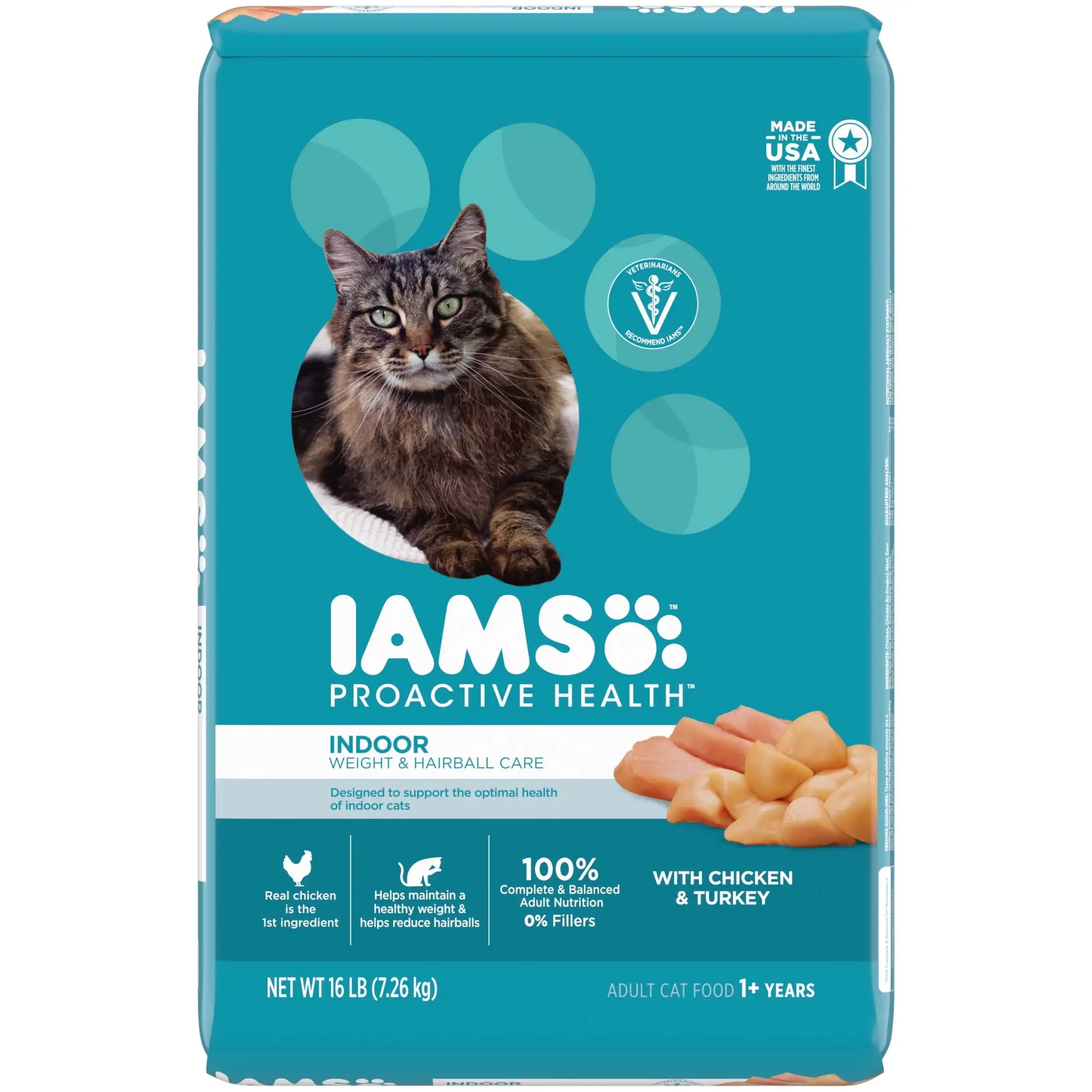 

Iams, сухая корма для кошек для проактивного здоровья куриц и индейка, сумка на 16 фунтов