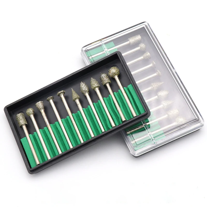10 pz mola diamantata mista testa 3mm gambo 46 # lucidatura frese Abrasive punta da trapano montata per utensili rotanti Dremel