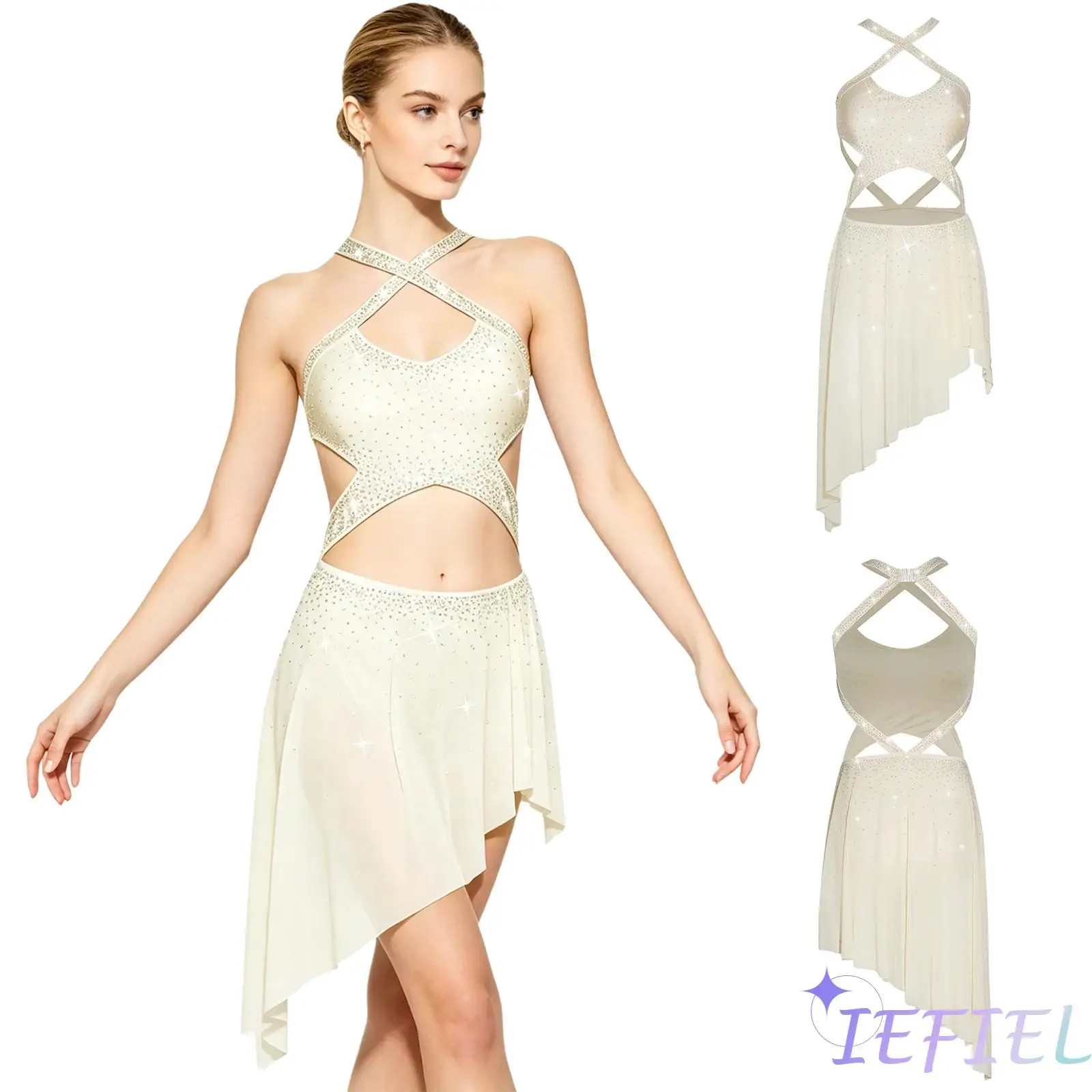 

Womens Figure Skating Dance Bodysuit Dress Backless Crossing Straps Rhinestone Dresses Elegant Gymnastics Jazz Dance Clothing