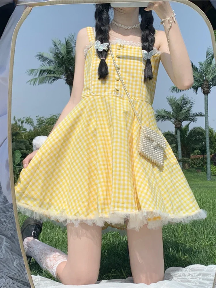 

Japanese Sweet Cute Lolita Strap Dress Summer Women Kawaii Lace Yellow Plaid Mini Dresses Girly Harajuku Chic Holiday Vestidos