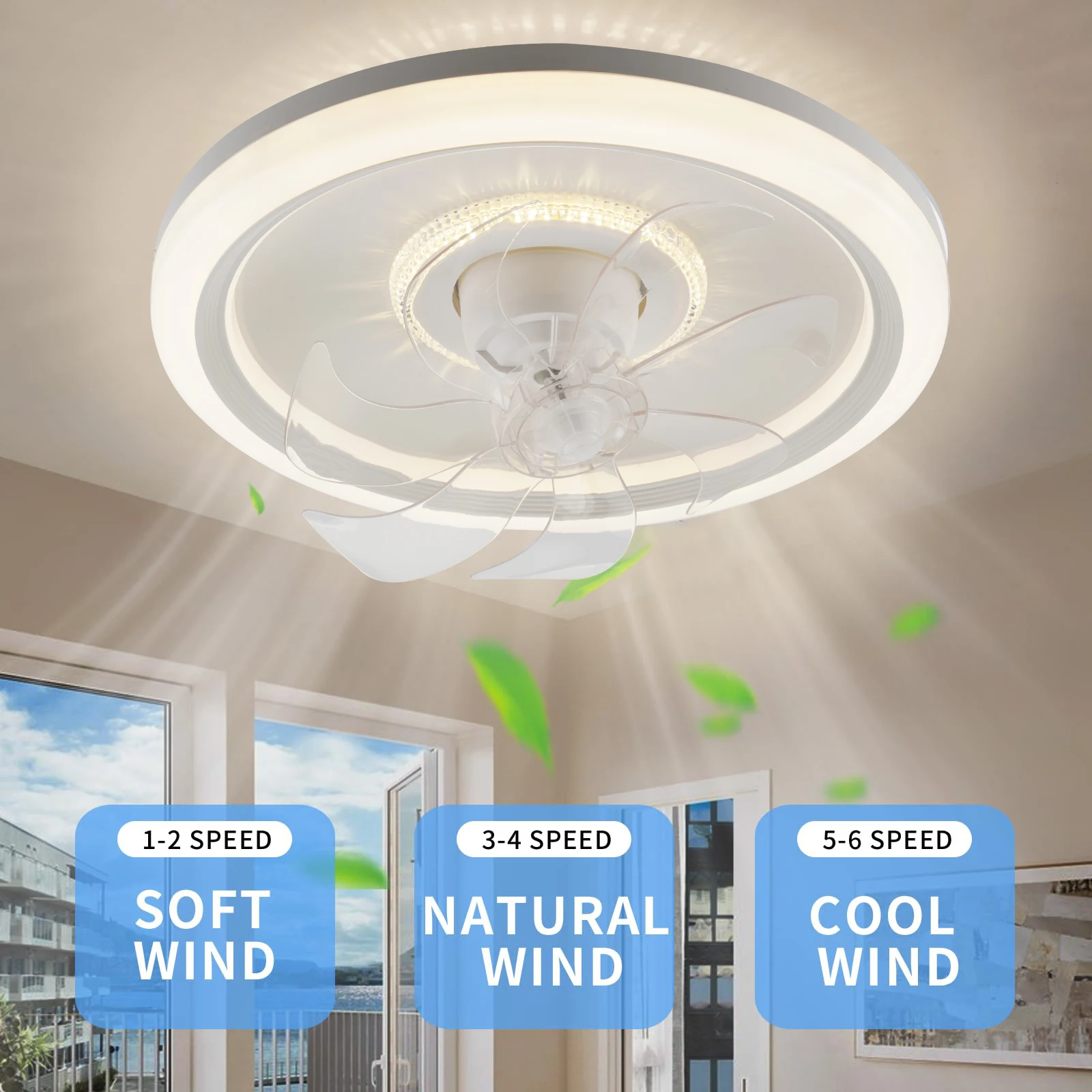 IRALAN Smart Electric Fan with Light White 360° Rotation Ceiling Fan with Lighting and Remote Control 220V Household Fixture