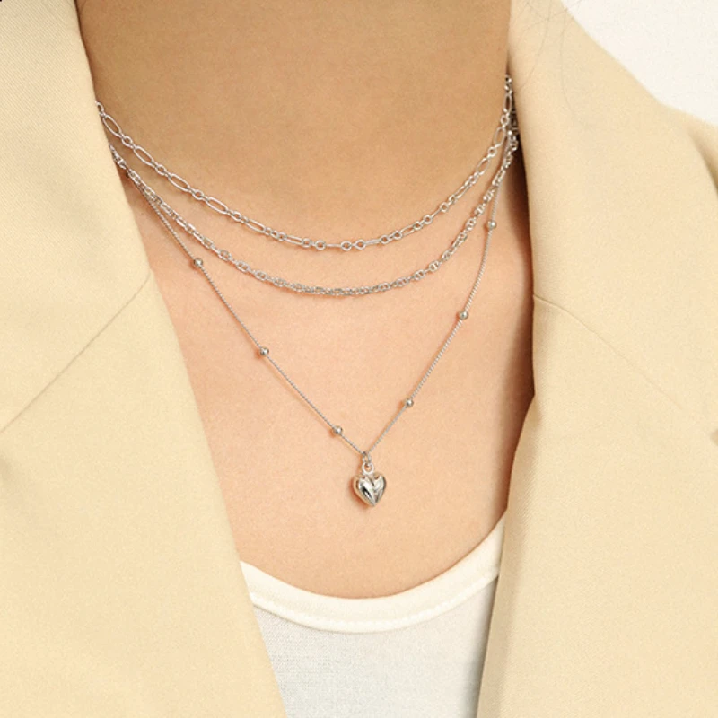 Interbead Chain Fashion Heart-shaped Pendants Collarbone S925 Sterling Silver Necklace for Elegant Woman Luxury Bead Jewelry