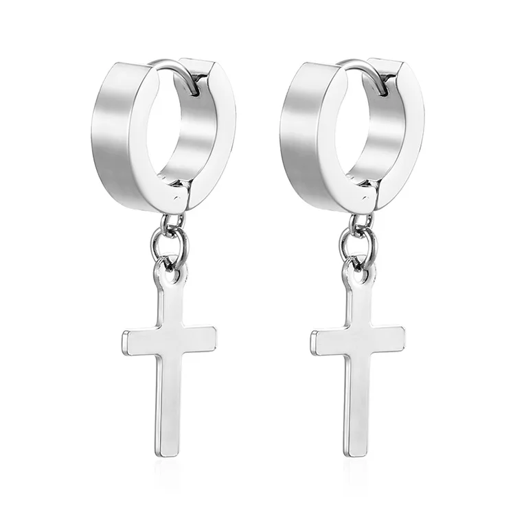 Punk Stainless Steel Cross Pendant Hoop Earrings For Men Women Not Fade Ear Rings Hip Hop Male Jewelry