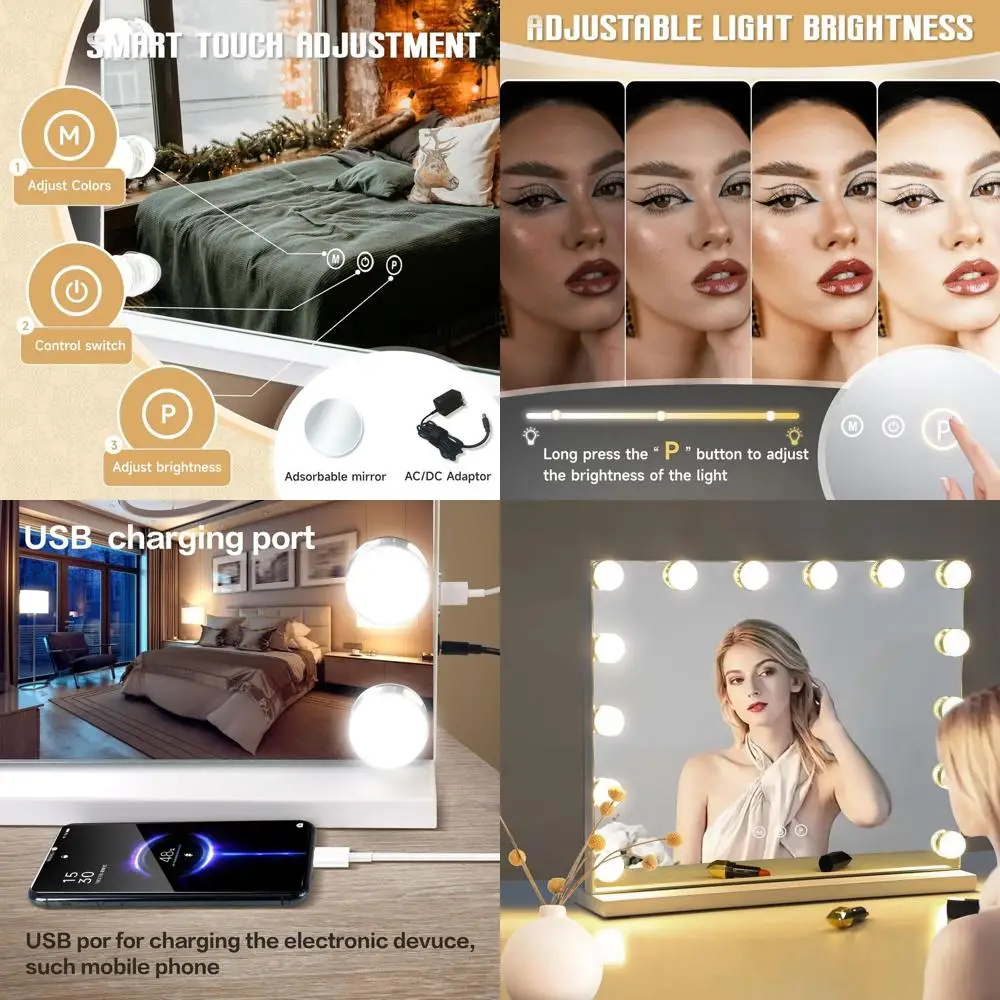 Espejo de tocador LED de pared de 18,2 x 22,8 con 15 bombillas ajustables, 3 modos de color, aumento de 10X y puerto USB