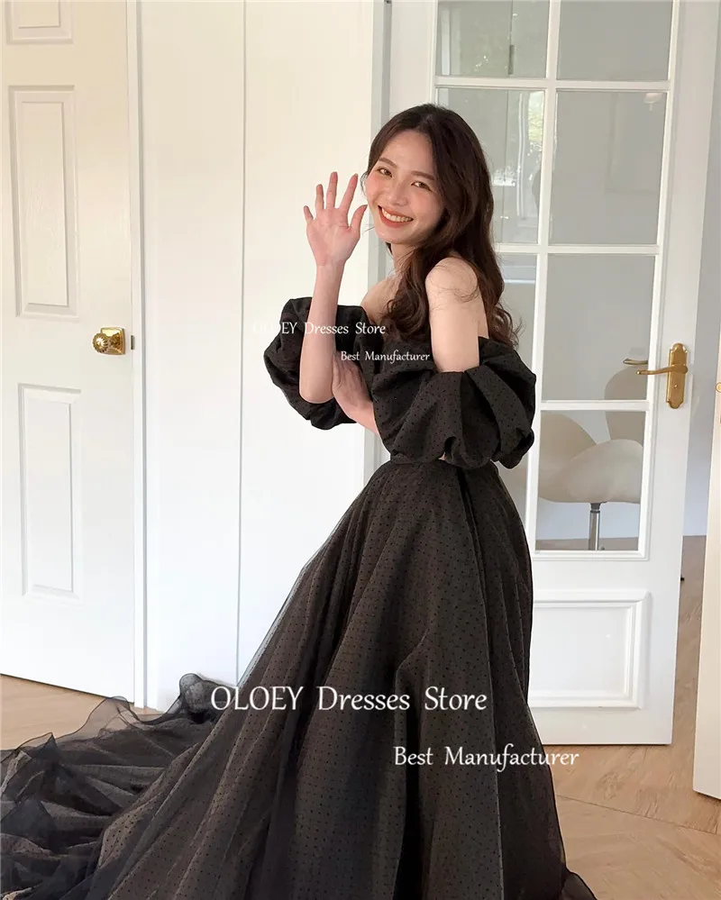 OLOEY Black Dotted Tulle Black Evening Dresses Korea Wedding Photoshoot Sweetheart Puff Short Sleeves Corset Back Party Gowns