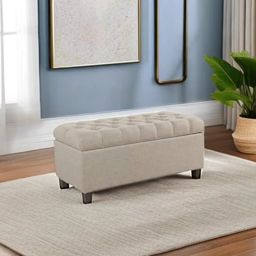 Tufted Ainsley Button Storage Ottoman Bench with Hinged Lid | Ottoman Bench with Storage for Living Room & Bedroom, Tan