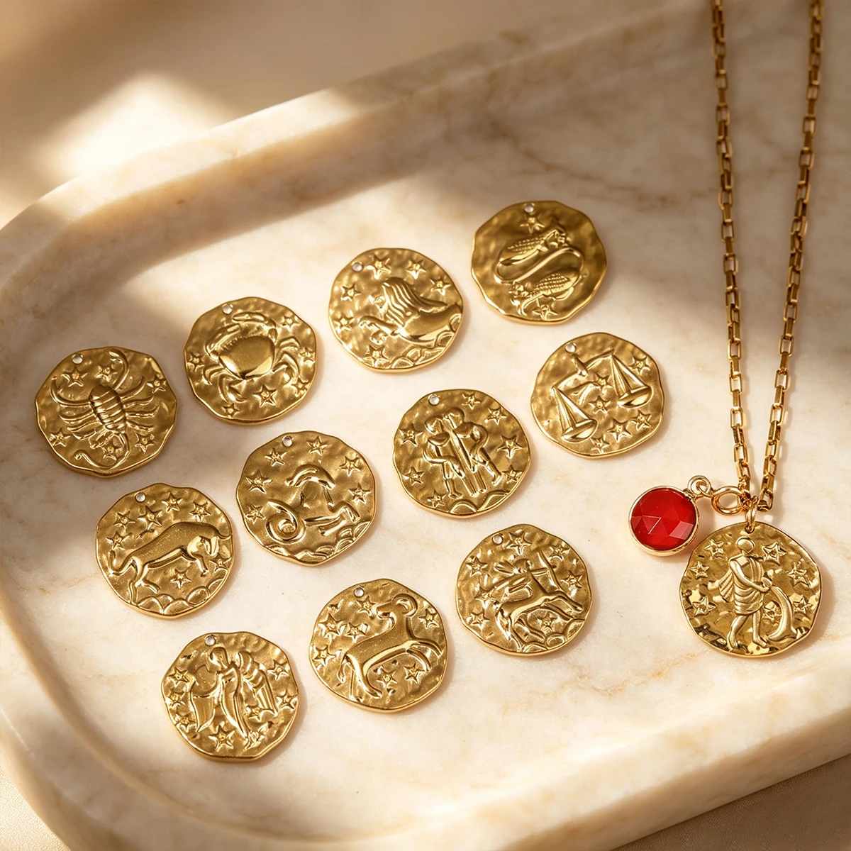 12 Zodiac Stainless Steel Women's Necklace Birthstone Zodiac Round Pendant Necklace Sweater Chain Amulet Color Christmas Gift view 3