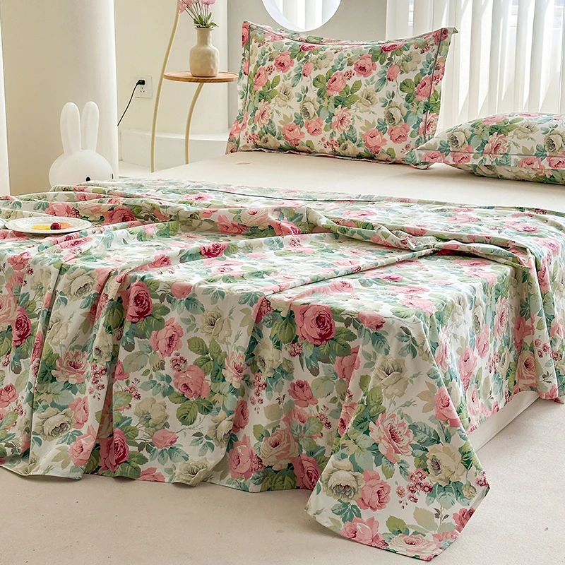 Floral 100%Cotton Bed Sheet Set Flower Botanical Bedding Flat Sheets with 2 Pillowcases Pastoral Style French Country Bed Sheet