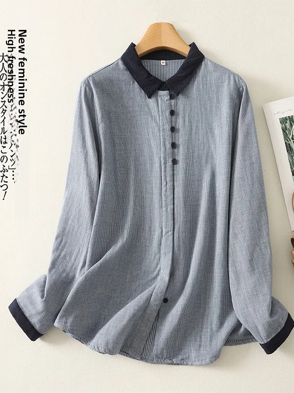 

Casual Cotton Shirt Women's Long Sleeve Collar Double Layer Loose Fit Spring Autumn New Style Versatile Base Layer Top
