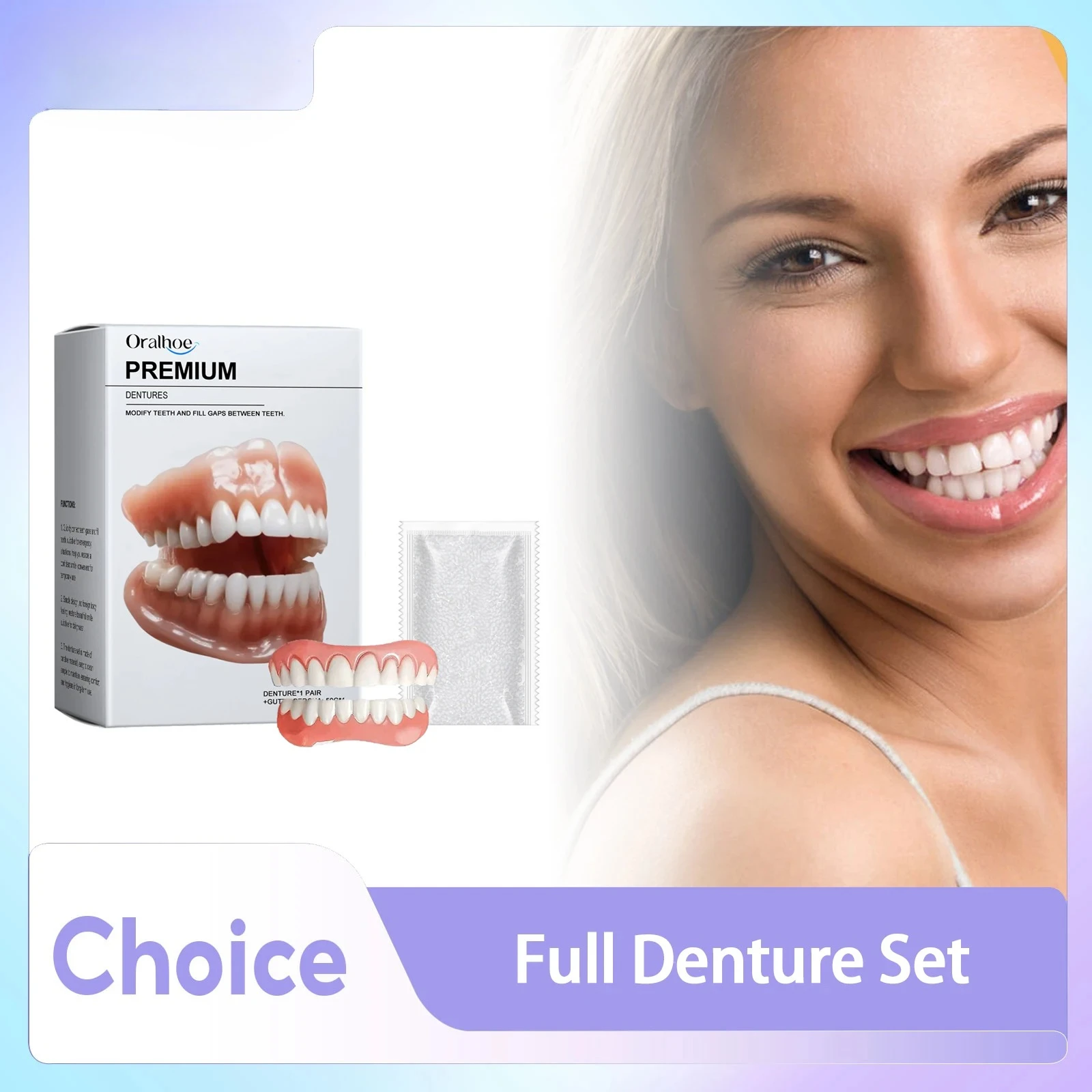 Conjunto completo de dentaduras de silicone macio, aumenta a capacidade de mastigação, melhora a perda escura dos dentes, aparelho ortodôntico temporário, dentes falsos para comer