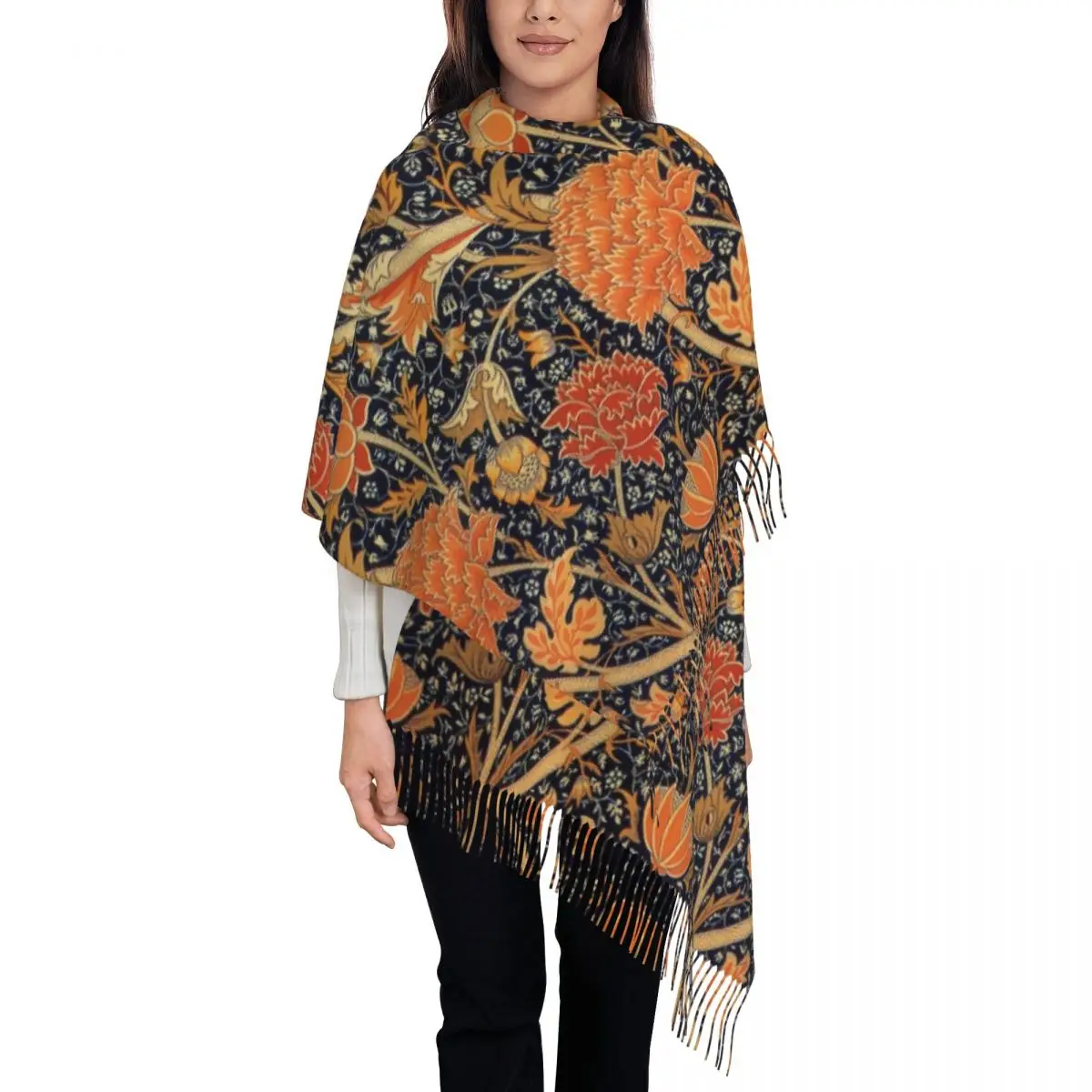 Custom William Morris Orange Cray Floral Art Scarf Wrap Women Long Winter Warm Tassel Shawl Unisex Textile Pattern Scarves