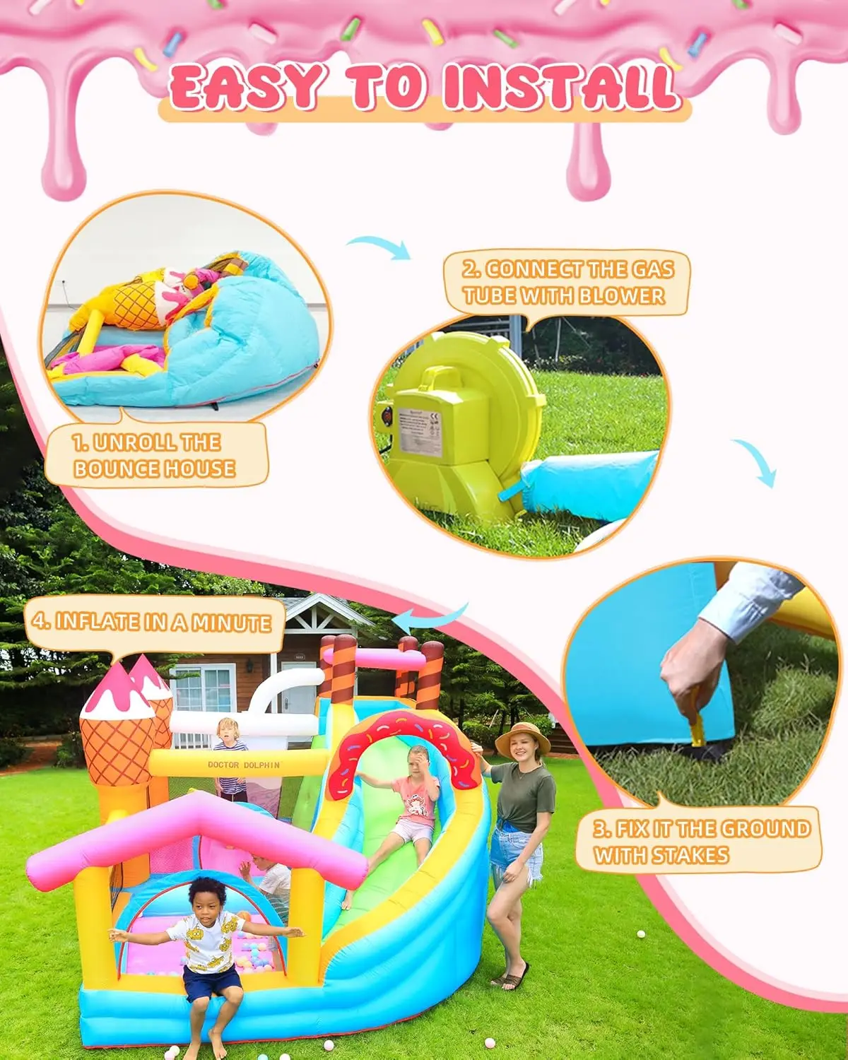子供用インフレータブルバウンスハウス、アイスクリームドーナツデザートパーティー、送風機付き屋外遊び用、ロングスライドとボールプール付き