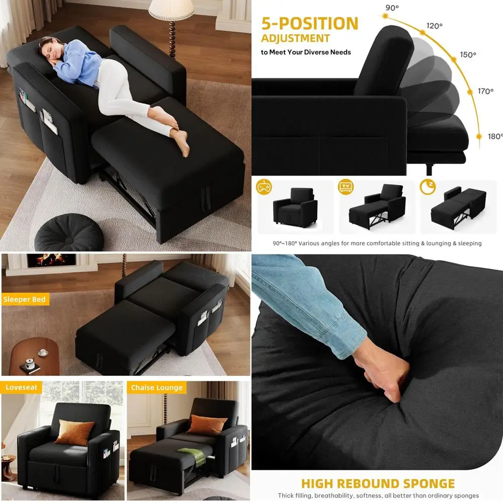 

Кресло-кровать 3-в-1 из льняной ткани с выдвижной кроватью, откидной спинкой и широкими подлокотниками - идеально для небольших помещений, черное