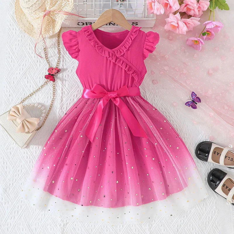 Summer Kids Clothes Girls Solid Ruffles Decor Sleeveless Mesh Patchwork Dress Child Simple Designed Fashion Outing Casual Dress