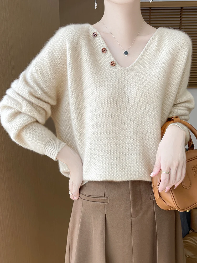 New Chic Women\'s V-neck Pullover Sweater 100% Merino Wool Knitwear Autumn Winter Loose Grace Style Cashmere Sweater Female Cloth